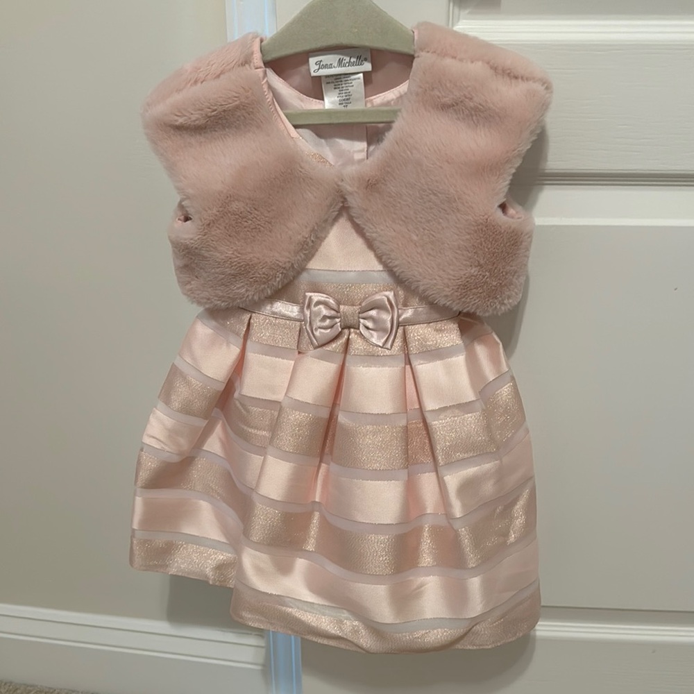 Pink Striped Dress with Faux Fur Vest